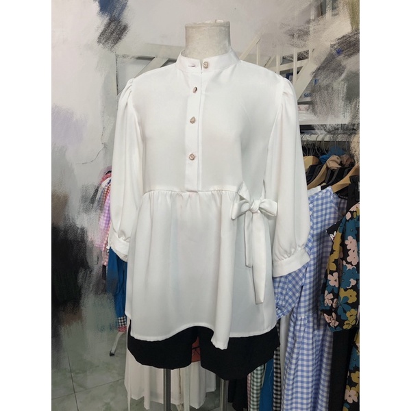 Áo babydoll tay phồng công chúa thắt 1 bên eo lạ lạ xinh xinh tặng kèm scrunchie cùng màu