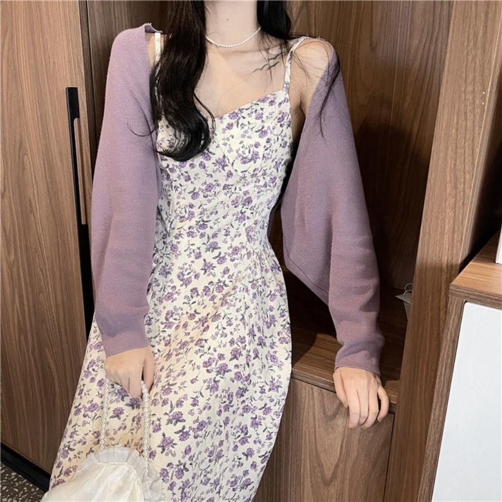Đầm Váy 2 Dây Hoa Nhí Bèo Nhún Kèm Áo Khoác Cardigan Cùng Màu Đủ Size Thích Hợp Cho Nữ