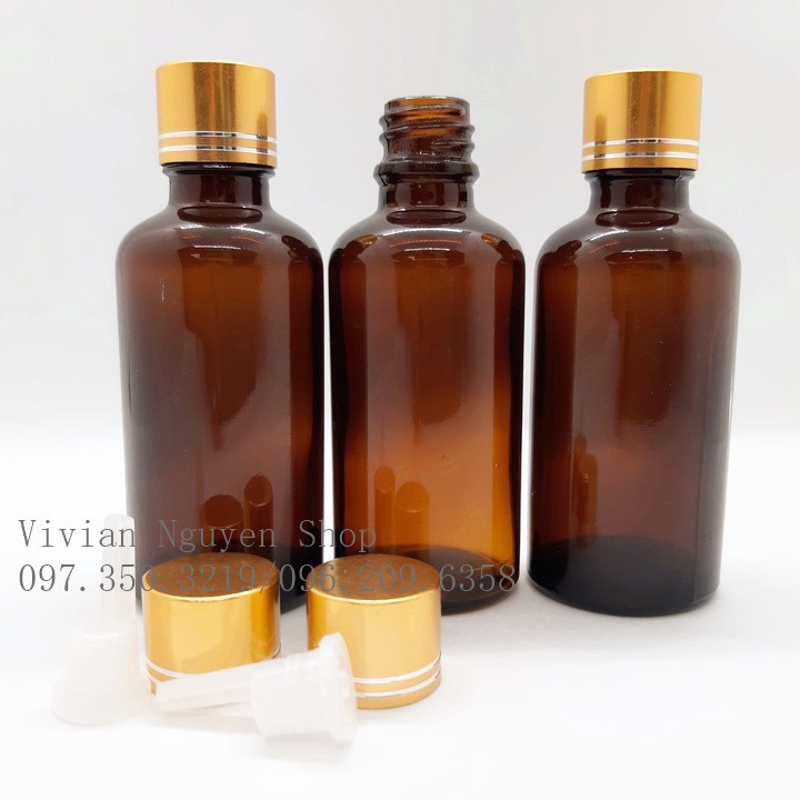 Combo 20 Chai lọ đựng tinh dầu 50ml nhỏ giọt, thân thuỷ tinh nâu, nắp nhôm vàng