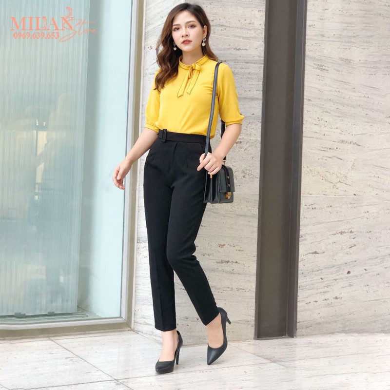 Quần baggy đai vuông vải công sở phối cúc bấm lệch phải mặc đi học làm - Màu Đen Kem - Vải dày dặn - Phối áo sơ mi đẹp