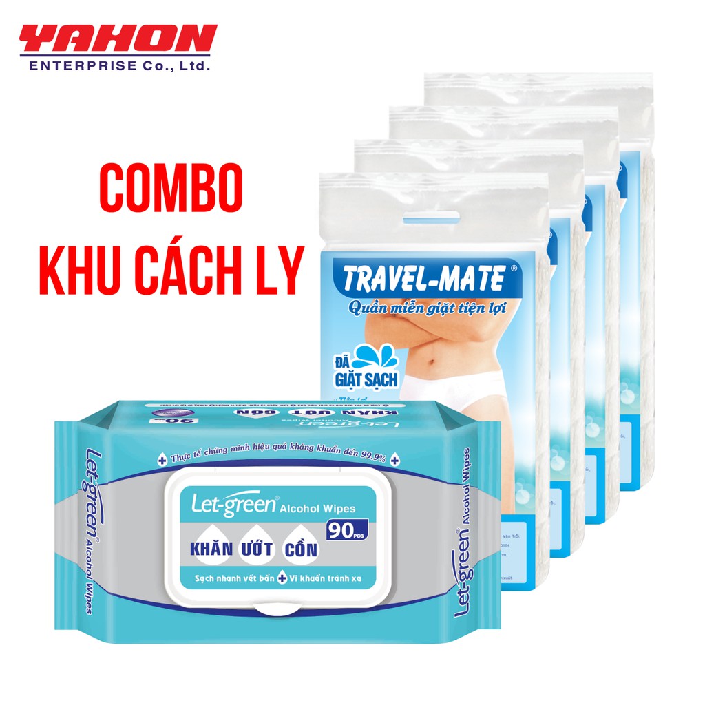 Combo Phòng Dịch Covid - 4 Bao Quần Lót Nam Travel-Mate và 1 Bao Khăn Ướt Cồn Diệt Khuẩn Let-Green 90 Miếng