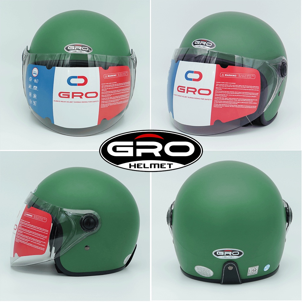 Mũ Bảo Hiểm 3/4 đầu GRO Helmet T818 có kính dài che cả mặt, kiểu dáng thời trang cho nữ, khóa kim loại - Xanh Lục Quân