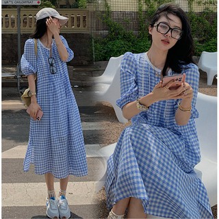 Đầm nữ xinh dáng suông dài MIDI thiết kế cổ tàu viền ren tay bồng  hoạ tiết kẻ caro xanh mát phong cách nhẹ nhàng