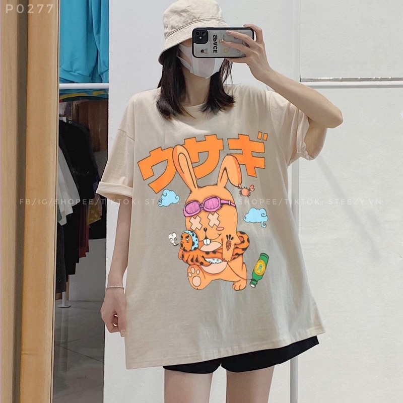 [ Rẻ vô địch ] Áo thun cotton tay lỡ dáng rộng unisex - thỏ X