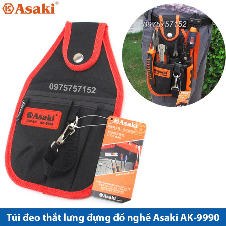 Túi đeo thắt lưng đựng đồ nghề sửa chữa cao cấp Asaki AK-9990 HORUSDY, chống thấm, chống đâm thủng, túi đồ nghề