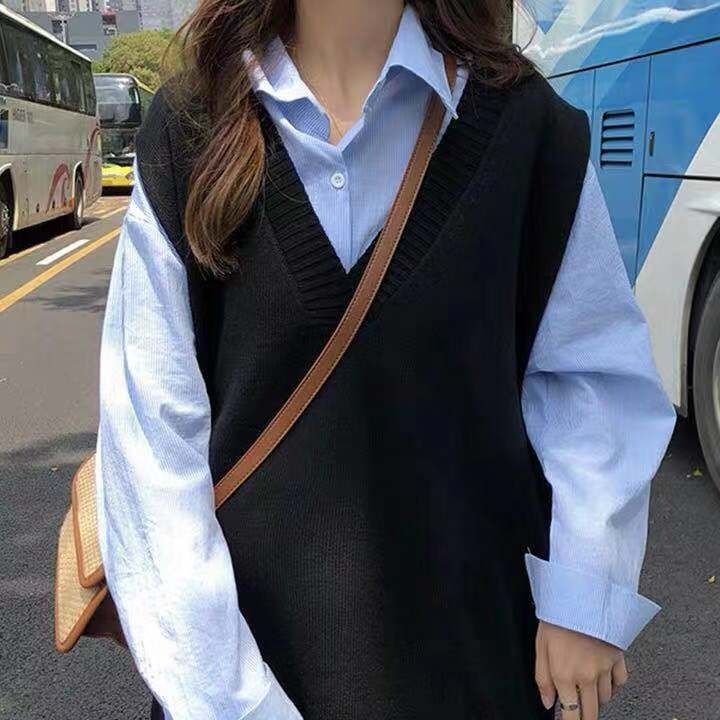 Áo len không tay cổ chữ V thiết kế xẻ tà phong cách Hàn Quốc trẻ trung