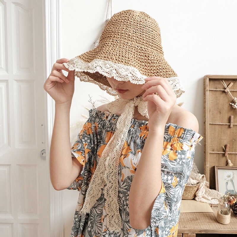 Mũ cói vành ren tiểu thư cho mẹ và bé có thể gấp gọn cực xinh