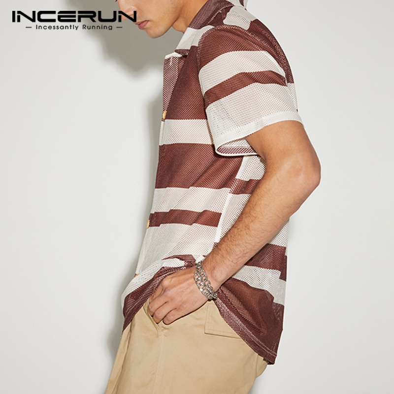 INCERUN Áo Sơ Mi Tay Ngắn Họa Tiết Kẻ Sọc Nhiều Màu Sắc Thiết Kế Thoải Mái Thời Trang Cho Nam