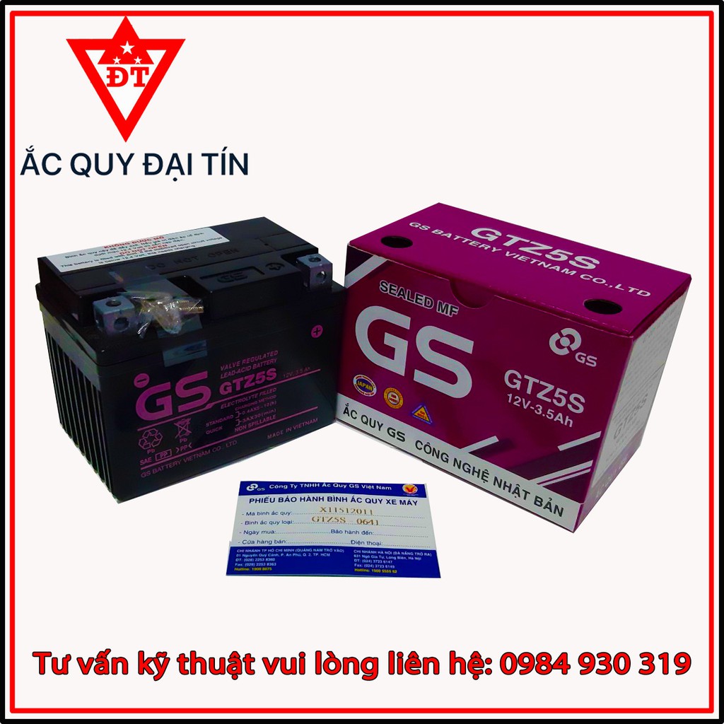 Bình Ắc Quy Khô GS GTZ5S ( 12V 3.5 Ah ) - KT (mm) : 112 x 70 x 85 ( Dài x Rộng x Cao )