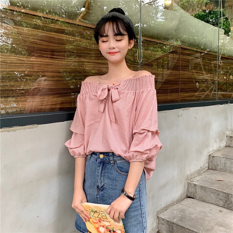 Áo trễ vai nơ dáng suông rộng dễ thương