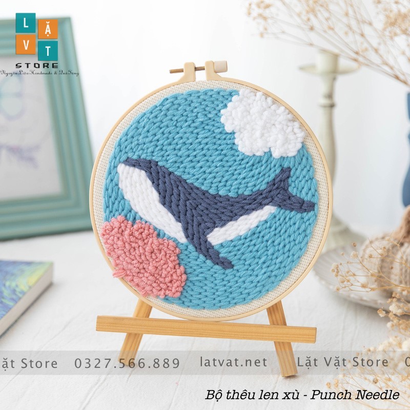 Bộ Thêu Len Xù Cá Voi Xanh DIY Punch Needle Whale, có hướng dẫn