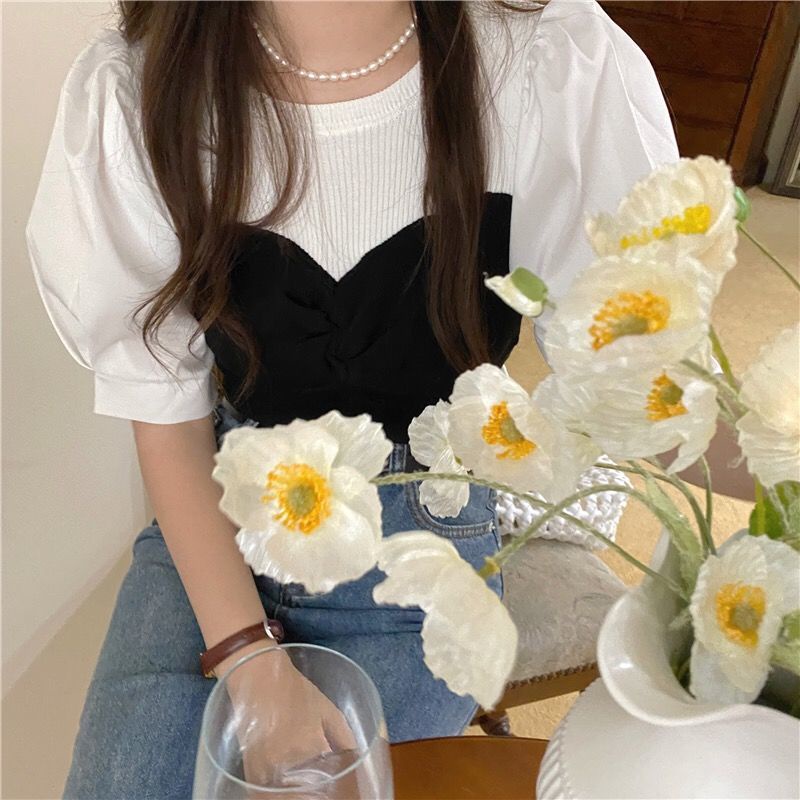 Áo thun tay ngắn phồng vải lụa băng phong cách retro thời trang mùa hè cho nữ