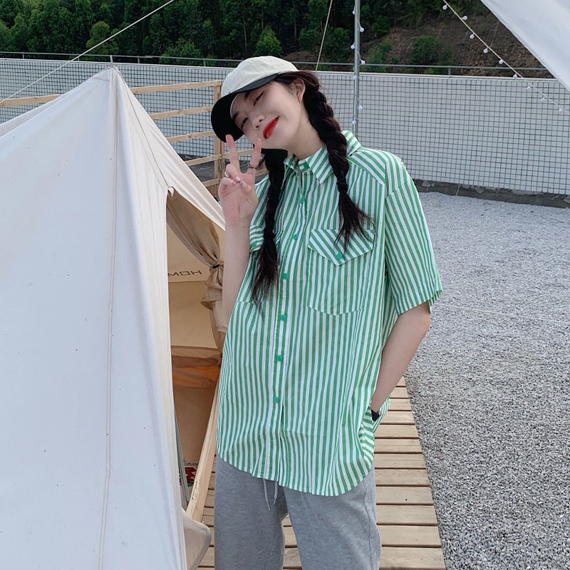Áo sơ mi IELGY tay ngắn họa tiết kẻ sọc phong cách retro thời trang cho nữ