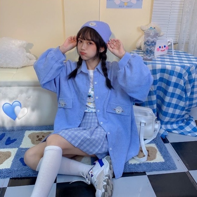 Áo Sơ Mi Nhung Kẻ Thêu Hình Dễ Thương Dành Cho Nữ