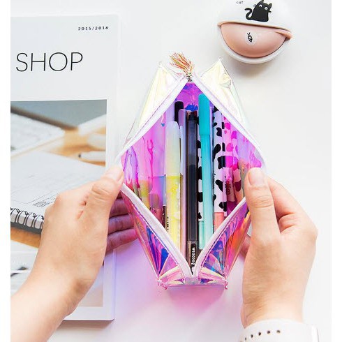 Hộp bút hologram bảy màu cute hộp trong phản quang bóp viết bóp đựng bút đồ dùng học tập thước kẻ dễ thương