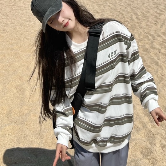 ZHELIHANGFEI Áo Thun Tay Dài Họa Tiết Sọc Theo Phong Cách Retro Mỹ