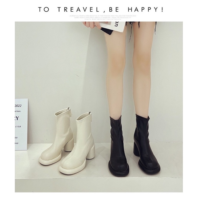 Boots da nữ cổ ngắn ôm chân gót trụ cao 7cm có khoá kéo