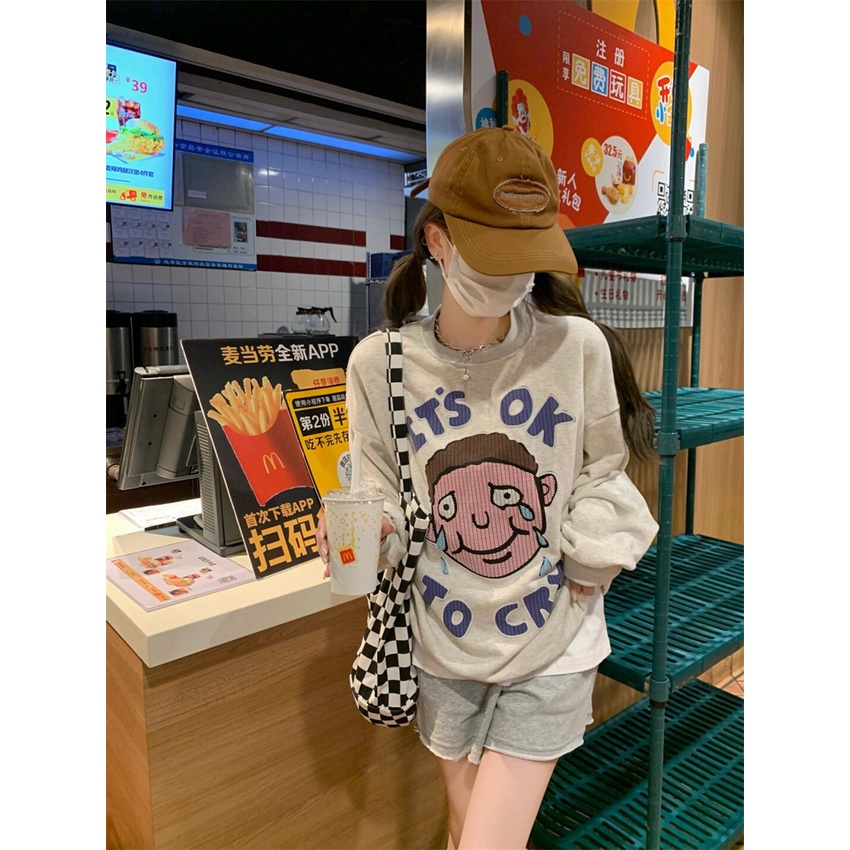 Áo Nỉ Dài Tay Cổ Tròn Form Rộng In Họa Tiết Hoạt Hình Cho Nữ | BigBuy360 - bigbuy360.vn