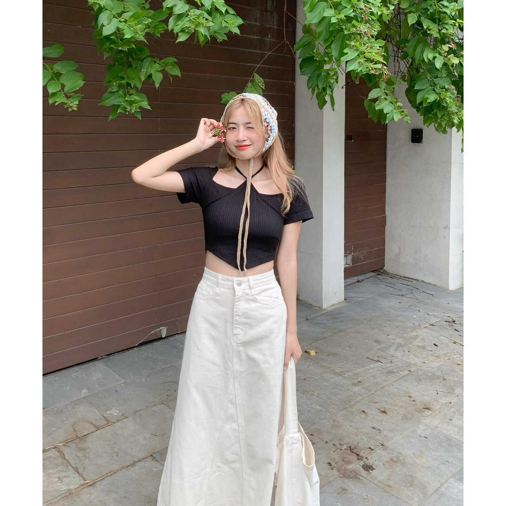 Áo len xù crop top ngắn tay chéo dây | Kayla Top | Secodee