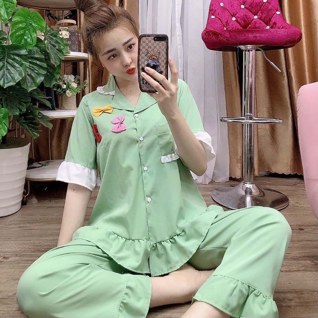 Đồ bộ tiểu thư form to, viền bèo, có túi, đính 3 nơ nhỏ DB18