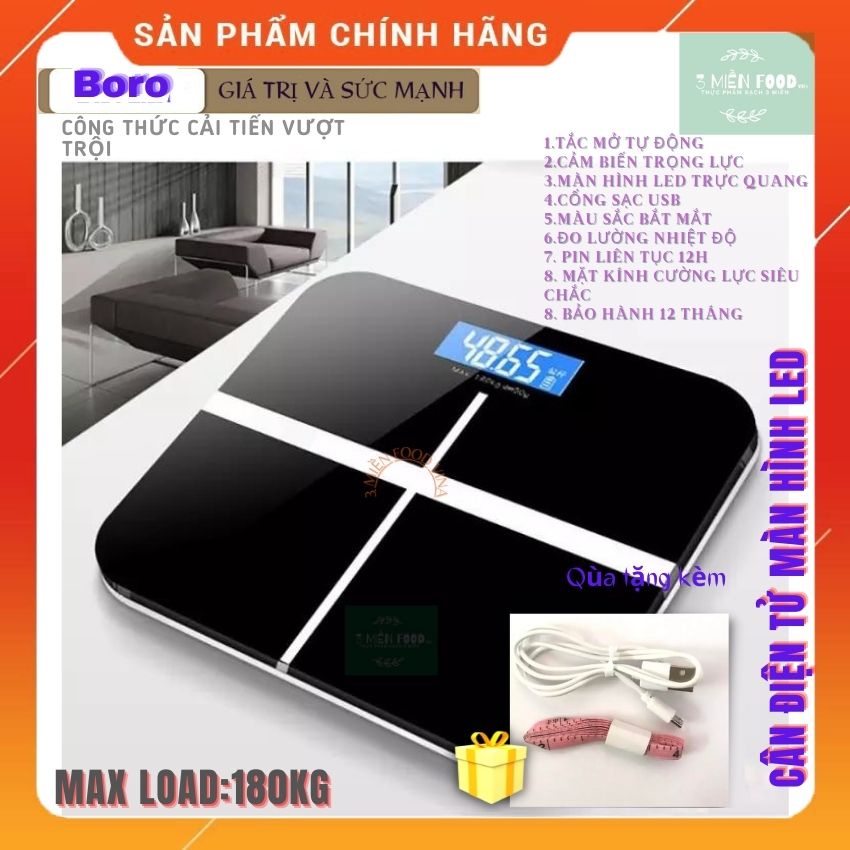 [HCM-Chính Hãng]Cân Điện Tử Màn hình led,Cân Sức Khoẻ cổng sạc USB Mặt kính cường lực hiệu BORO- 3 MIỀN FOOD VINA