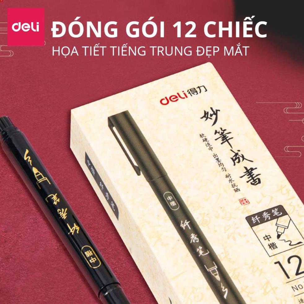 Bút viết thư pháp chữ Hán Calligraphy Deli - brush pen nhiều kích cỡ ngòi, có thể đổ thêm mực