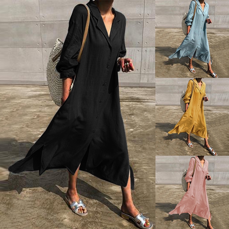 ZANZEA Đầm maxi bằng cotton dài đính nút trước thời trang mùa thu cho nữ | BigBuy360 - bigbuy360.vn