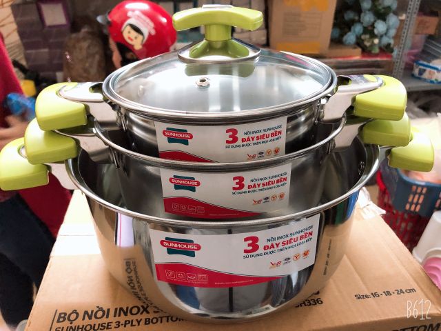 BỘ NỒI INOX 3 ĐÁY SUNHOUSE SH336 🍲