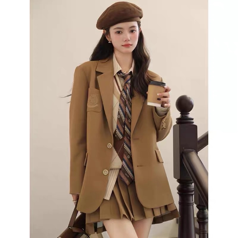 VIDEO THẬT Set áo sơ mi ghile kèm áo khoác blazer và chân váy xếp ly học sinh