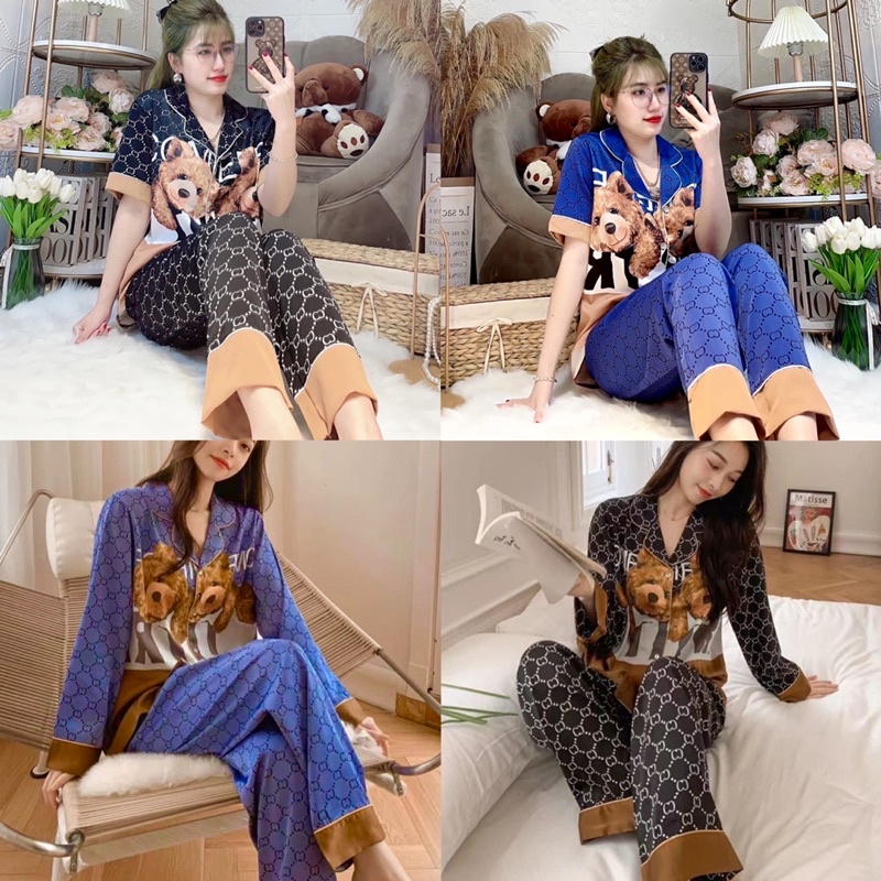 (Dưới 65kg) Đồ bộ pijama mặc nhà LỤA MANGO tay ngắn quần dài - tay dài quần dài in 2 mặt thiết kế cao cấp hình gấu GG