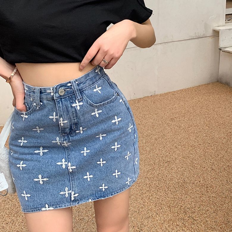 Jiashucheng Chân Váy Denim Chữ a Lưng Cao In Họa Tiết Thời Trang Mùa Hè Dành Cho Nữ