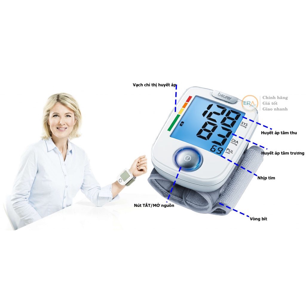 Máy Đo Huyết Áp Cổ Tay Beurer BC44 - Kích thước 87.8 x 65.8 x 28.6 mm, Pin AAA