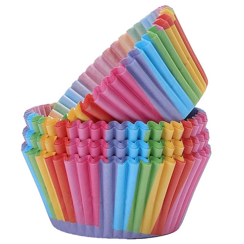 Set 100 cốc đựng bánh cupcake nướng bằng giấy màu cầu vồng chống thấm nước