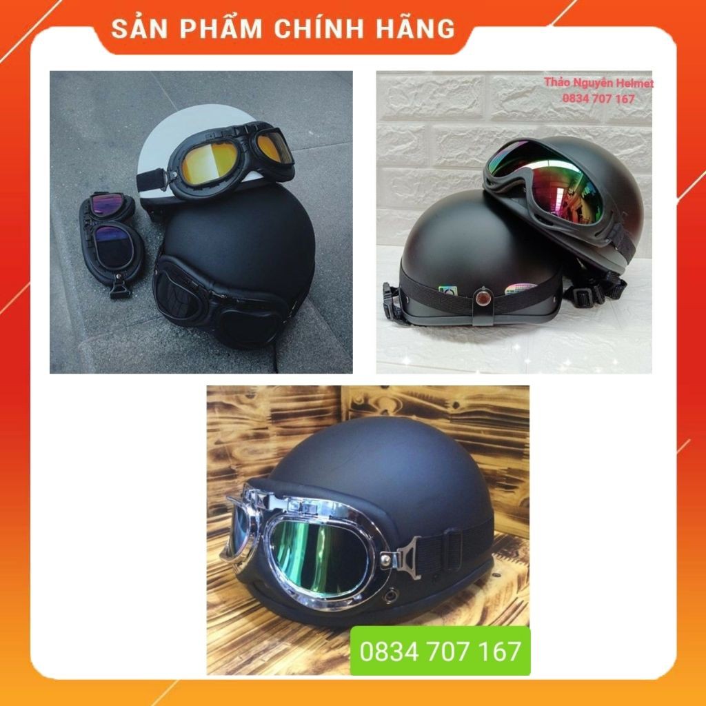 Mũ bảo hiểm nữa đầu Thảo Nguyễn nón bảo hiểm chính hãng - chất lượng - nón sơn có kính phi công