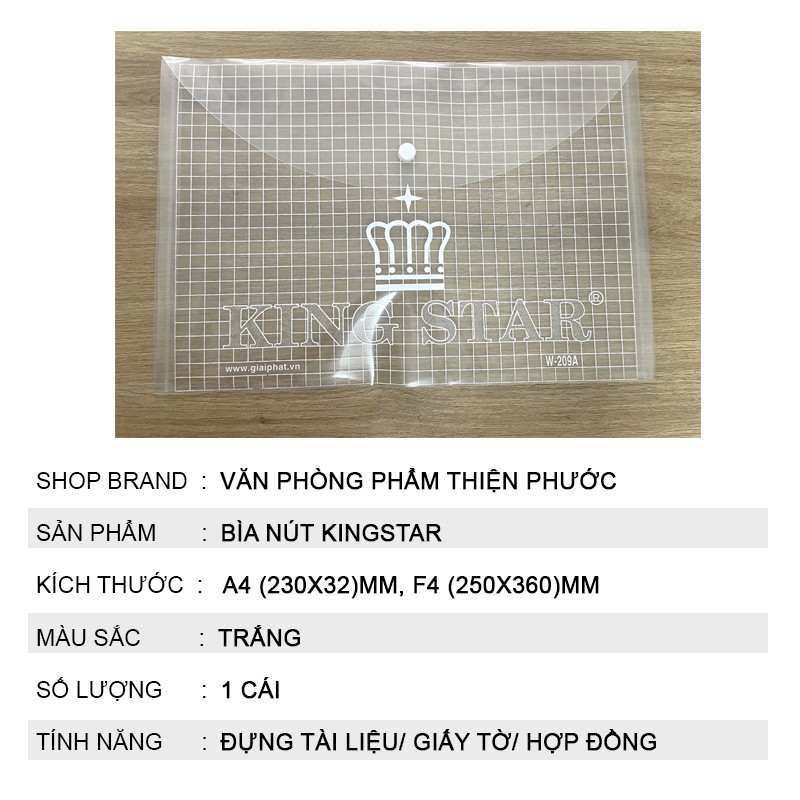 Bìa nút A4 hồ sơ đựng tài liệu KingStar loại dày - Túi đựng hồ sơ THIỆN PHƯỚC
