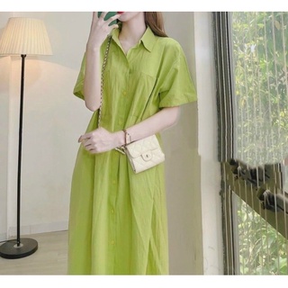 Đầm sơ mi nữ 2 túi tay ngắn vải xô nhăn freesize Pumi