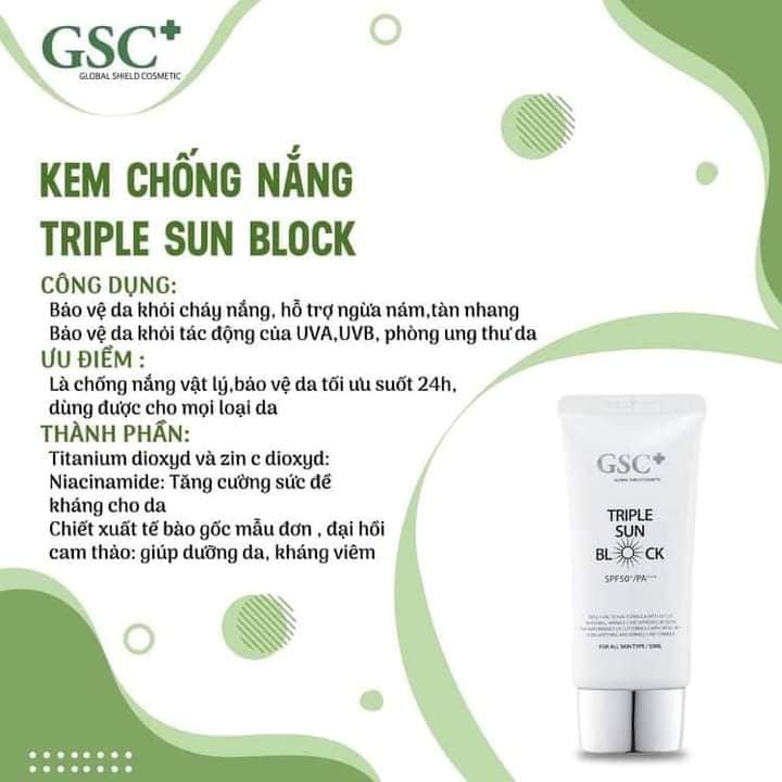 HÀNG NHẬP KHẨU-Kem chống nắng vật lý GSC Triple Sun Block SPF50+/PA+++ nâng tone trắng da nhẹ da khô da dầu mụn nhạy cảm