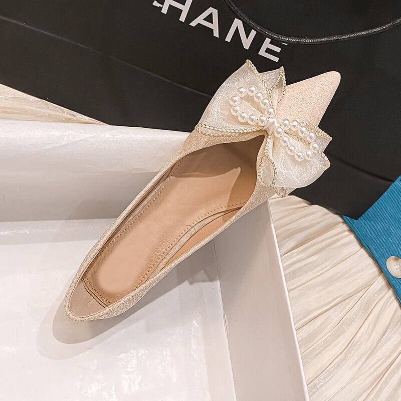 Giày búp bê mũi nhọn đính nơ ngọc trai đế bằng thiết kế thời trang cho nữ