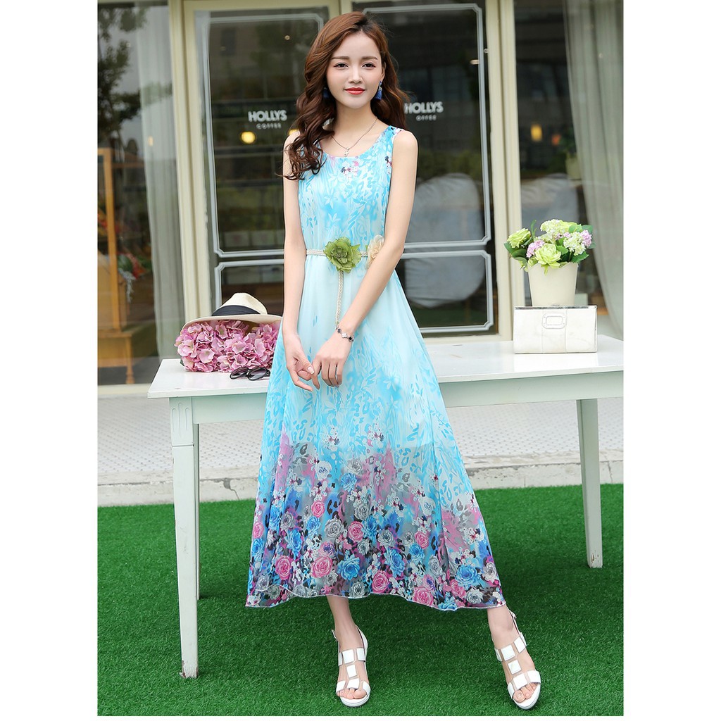 Đầm maxi voan  kèm dây thắt lưng hoa DX03 - Đầm suông maxi đi biển, đi dạo phố | BigBuy360 - bigbuy360.vn