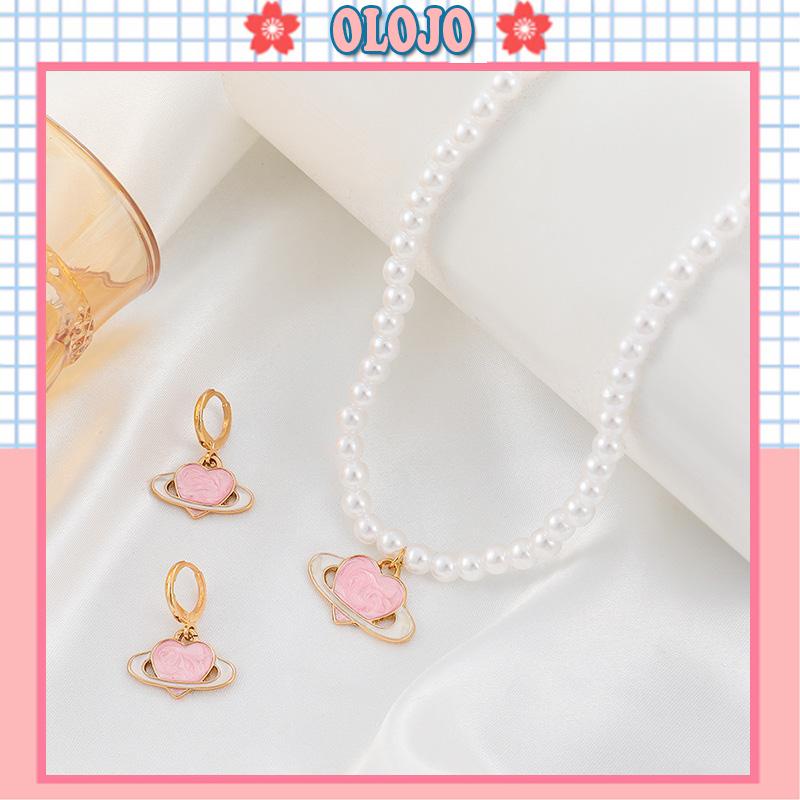Bộ Vòng cổ Và Bông Tai Đính Ngọc Trai Màu Hồng Đáng Yêu Dành Cho Nữ