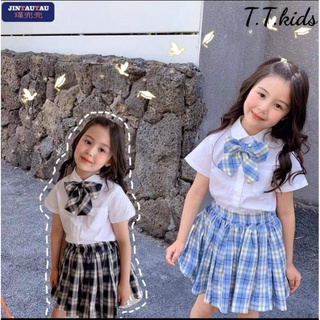 (loại 1)sét áo trắng phối nơ và chân váy caro