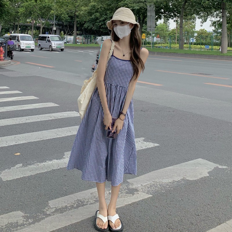 Đầm hai dây họa tiết sọc caro thời trang mùa hè dành cho nữ