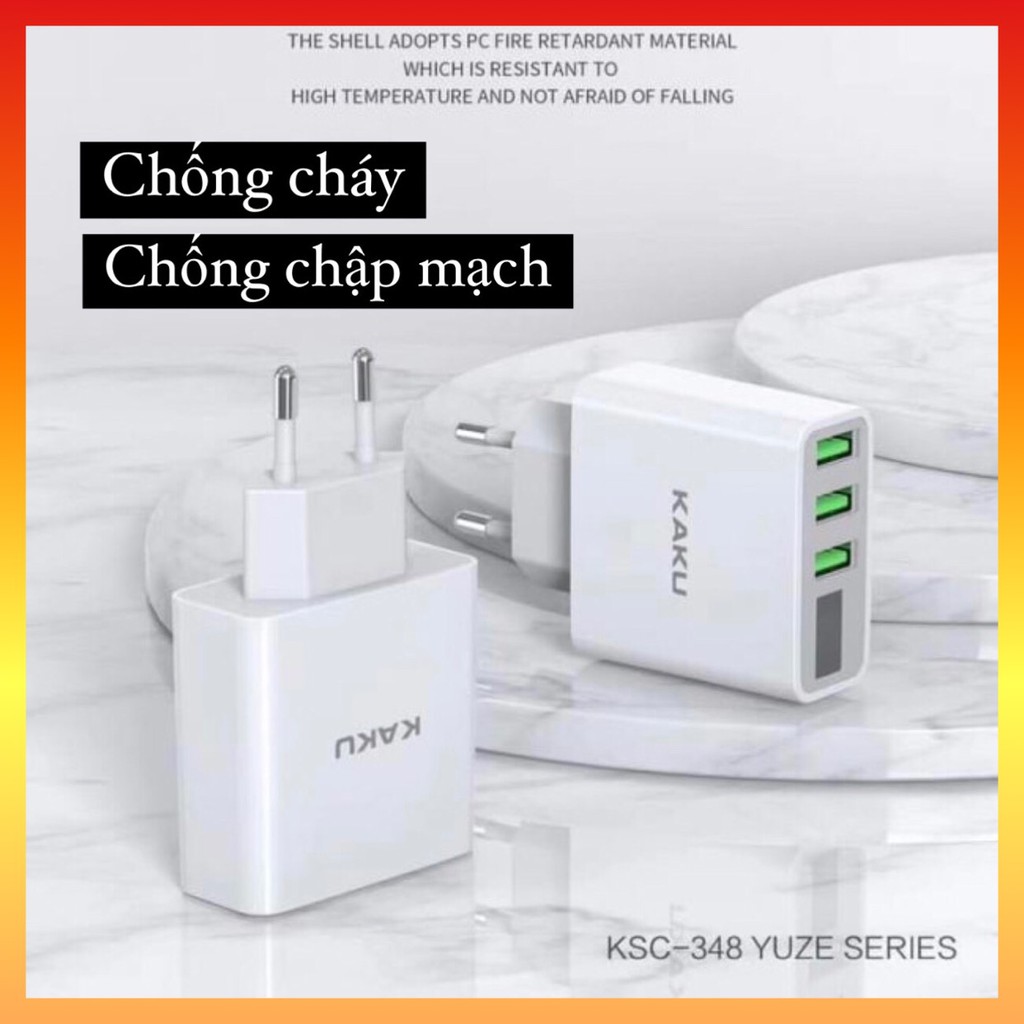 CỐC SẠC NHANH KAKU 3 CỔNG USB 18W CÓ HIỂN THỊ ĐÈN LED BÁO DÒNG ĐIỆN DÀNH CHO MỌI THIẾT BỊ KSC-348