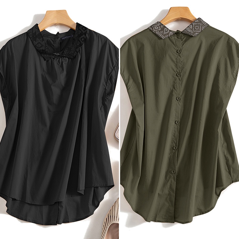 Áo kiểu Zanzea tay ngắn cổ bẻ cài nút sau phong cách vintage thời trang dành cho nữ
