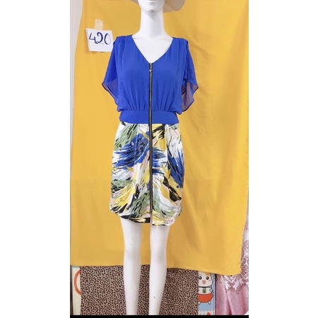 Đầm xanh coban phối váy hoạ tiết dây kéo Size M.S420
