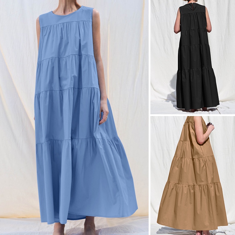 Đầm maxi ZANZEA không tay cổ tròn dáng rộng thời trang nữ tính thanh lịch