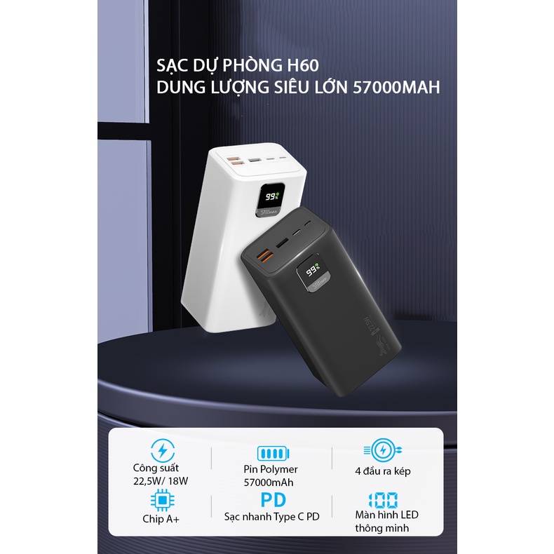 Trạm Sạc Dự Phòng Dung Lượng Pin 57000mAh MOVESPEED H60 - Sạc Nhanh USB-A QC 3.0 22,5W Và Sạc Nhanh USB-C PD 18W