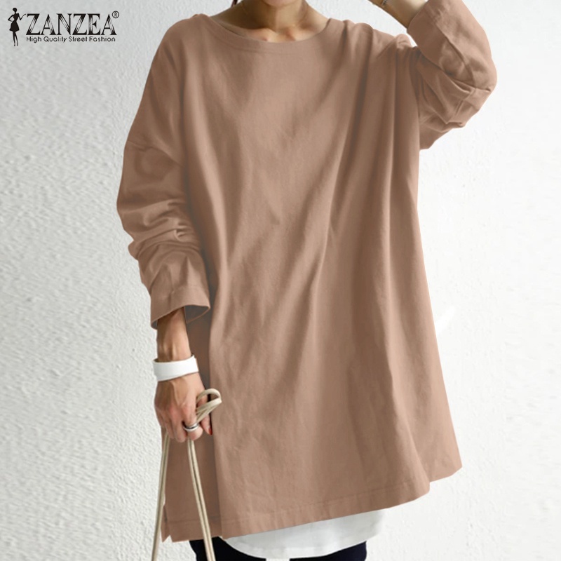 Áo sweatshirt ZANZEA dáng rộng cổ tròn tay dài màu trơn dễ phối đồ phong cách thường nhật cho nữ
