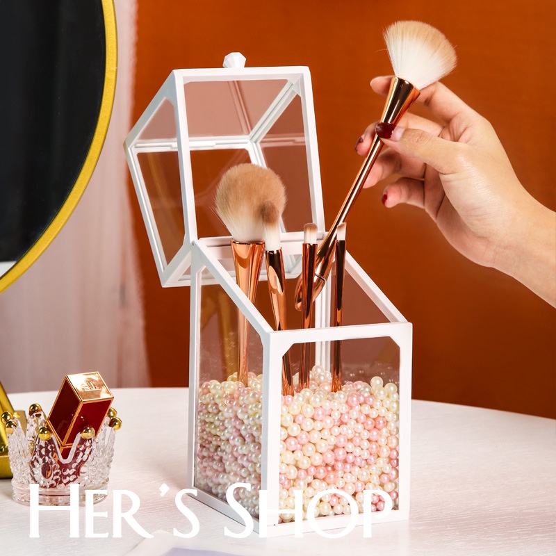 Hộp Đựng Cọ Trang Điểm Để Bàn Trong Suốt Hình Chữ Nhật Lục Giác Viền Đen Trắng - Hộp Bảo Quản Cọ Có Nắp Đậy Chống Bụi