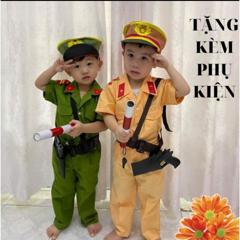 Nguyên Set Quần Áo Công An Trẻ Em Cảnh Sát Bé Trai Cảnh Sát Bé Gái Đầy Đủ Phụ Kiện Đủ Sai Từ 9-12 (Vàng -Xanh)
